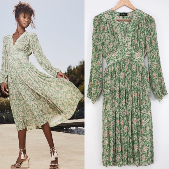 garden dancer green floral print pleated long sleeve midi dress LULUS Garden Dancer Green Floral Print Pleated Long Sleeve Midi Dress S